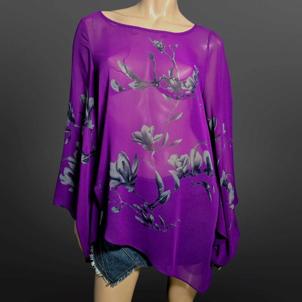 Y2K Purple Chiffon Asymmetric Flared sleeve Blouse Sheer Top Size M Le Chateau